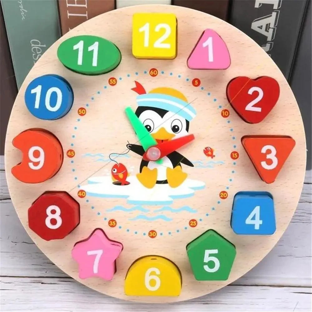 Montessori Cartoon Animal Educational Wooden Beaded Geometry  Digital Clock Puzzles Matching Clock Toy For Children