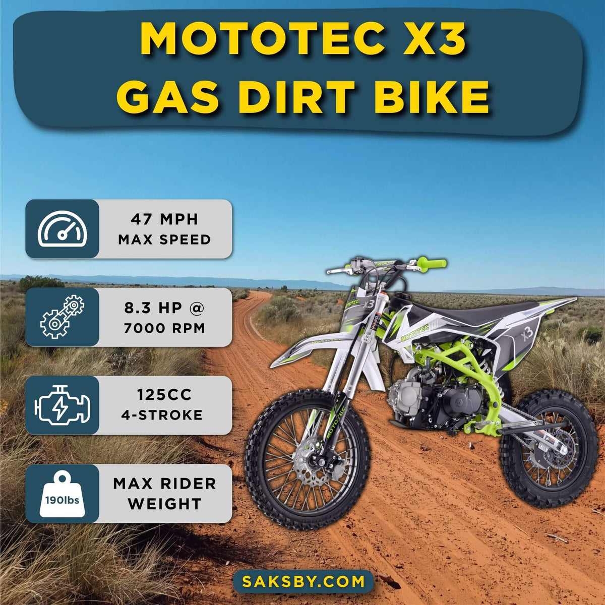 Mototec X3 125Cc 4-Stroke Green Gas-Powered Dirt Bike