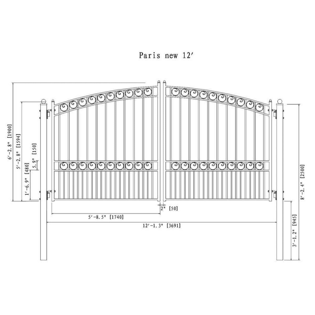 [12-18Ft] Heavy-Duty Paris-Style Steel Premium Dual-Swing Drivewa