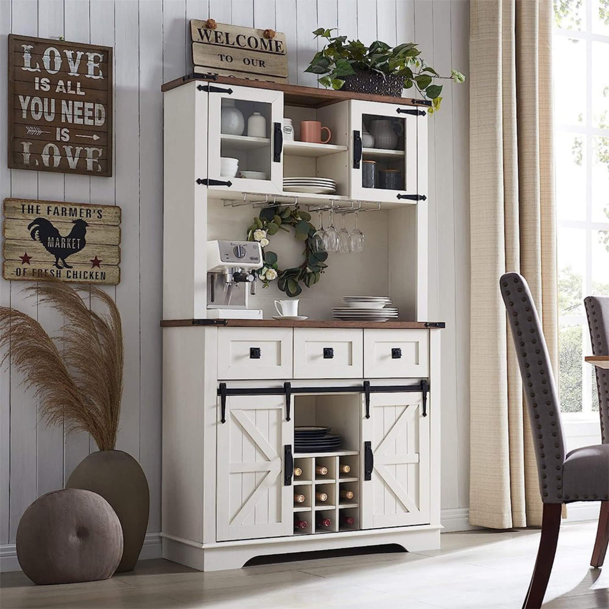Premium 72-Inch Home Bar Wine Cabinet W/ Sliding Barn Door