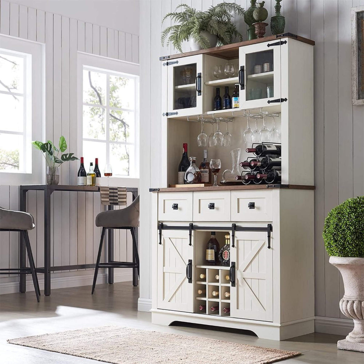 Premium 72-Inch Home Bar Wine Cabinet W/ Sliding Barn Door