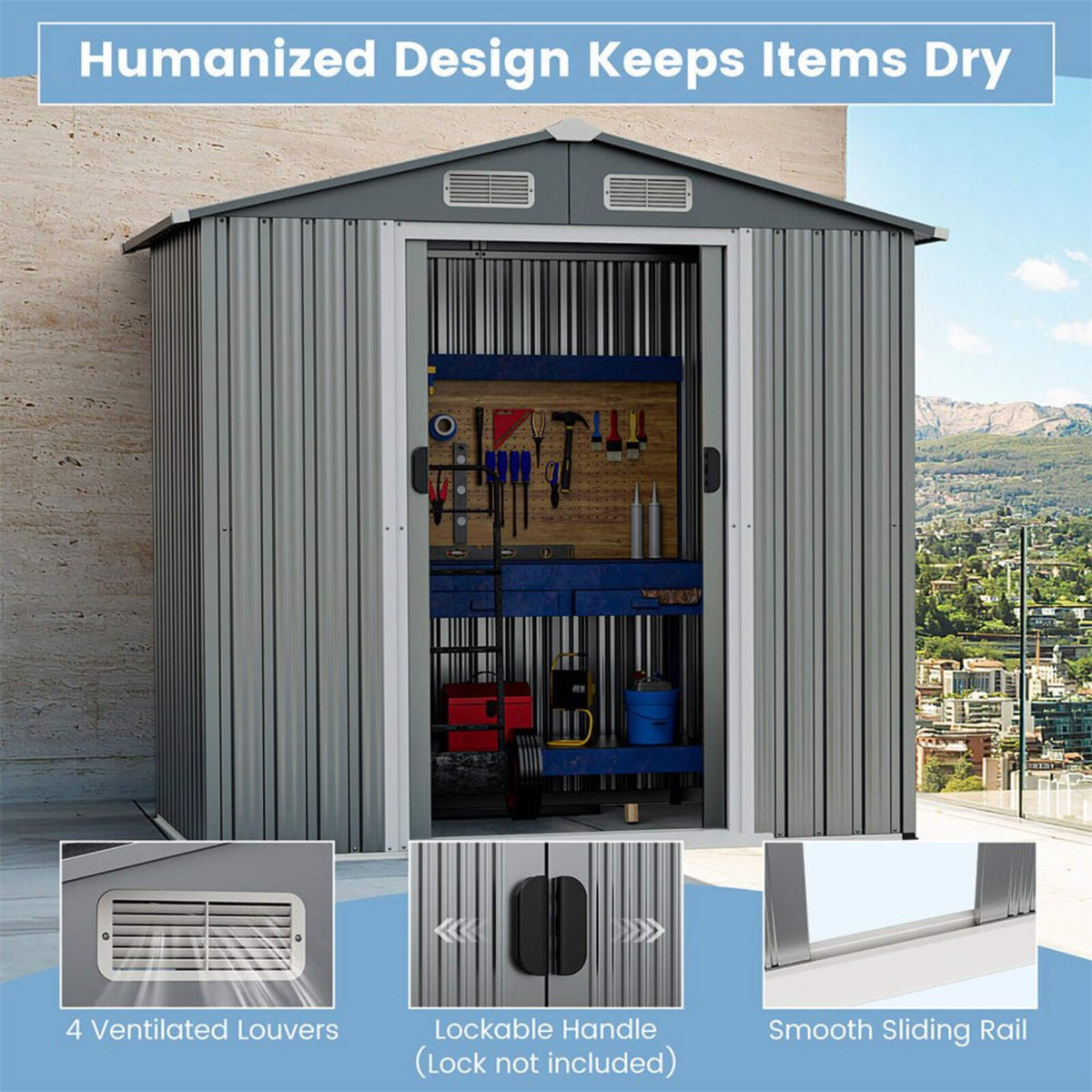 [04X06Ft] Premium Garden Galvanized Steel Storage Shed W/ Lockabl