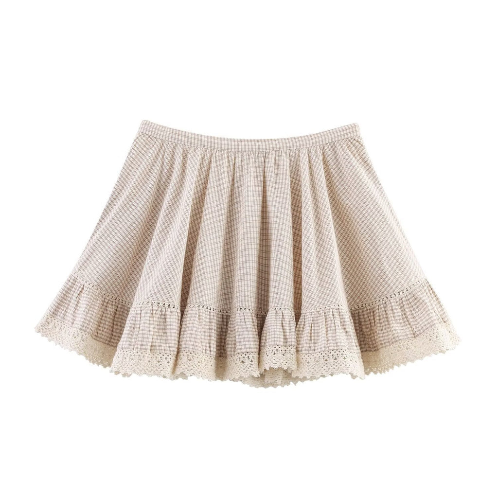 Stacked decorative plaid top+skirt set for women