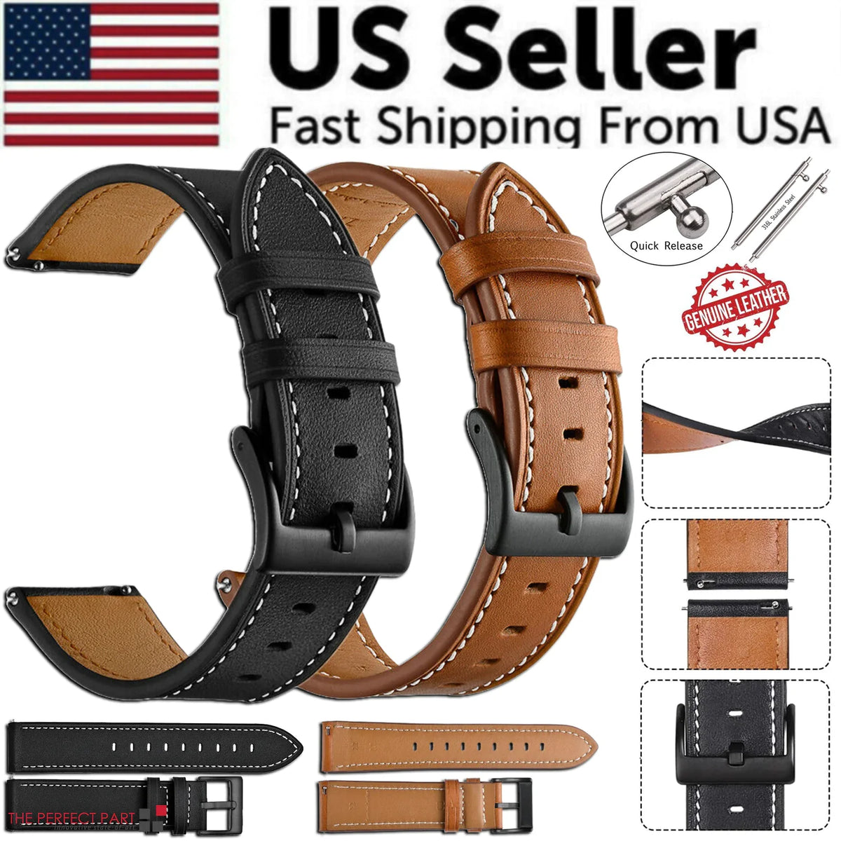 18mm 20mm 22mm Classic Genuine Leather Watch Band Strap Quick