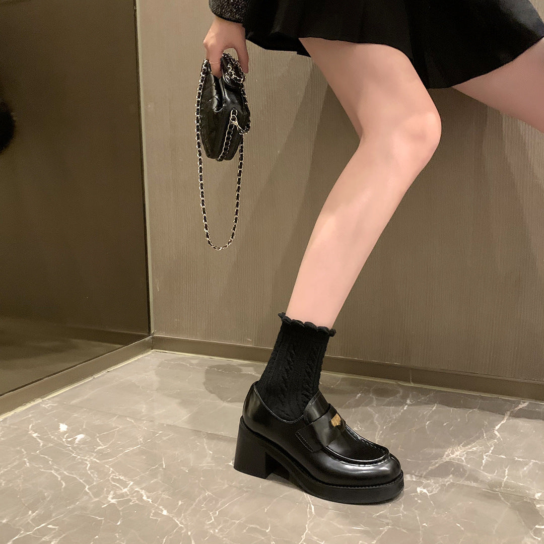 Thick high heels loafers women's small leather shoes