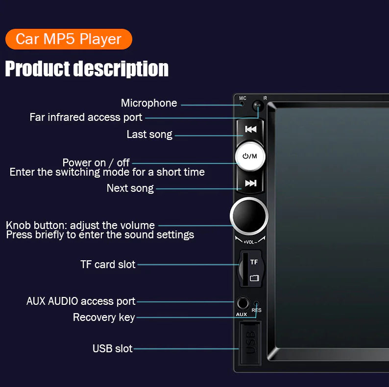 7" Double 2 DIN Car MP5 Player Bluetooth Touch Screen Stereo