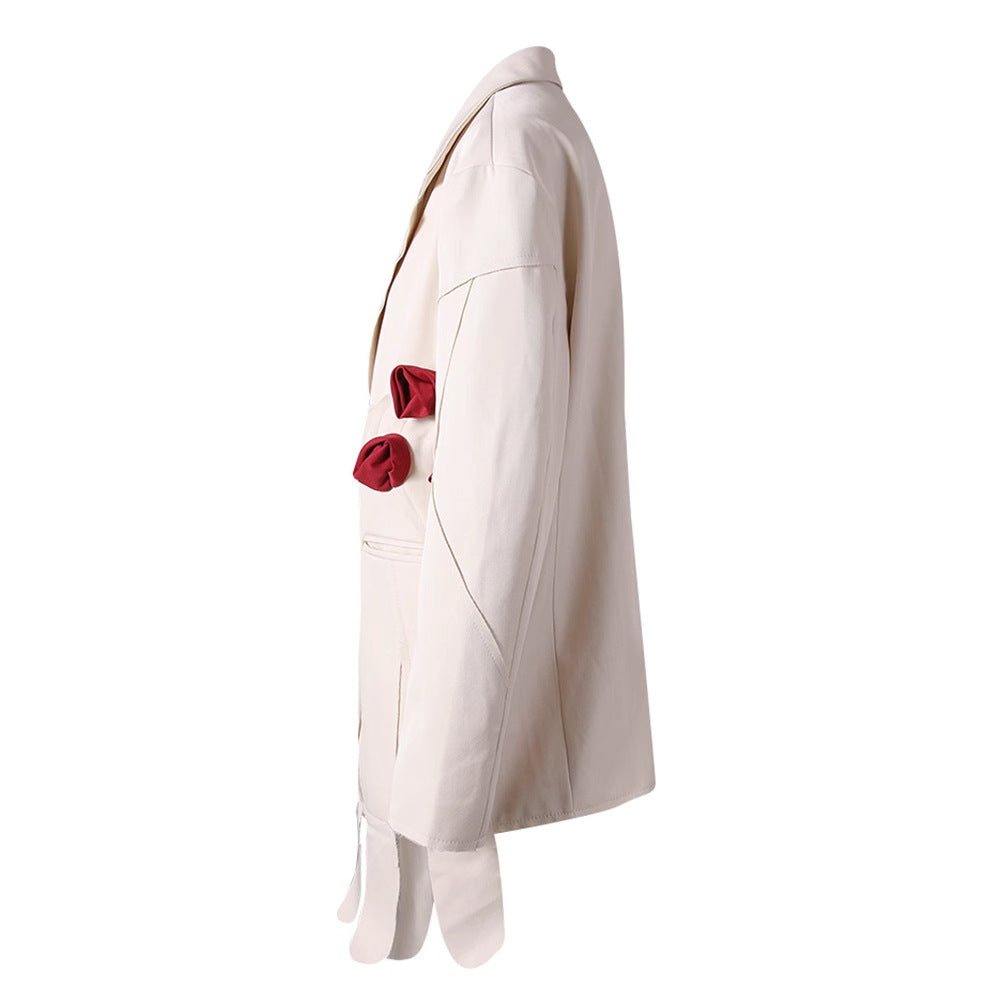 White snow rose three-dimensional flower decoration slim fit two button suit jacket