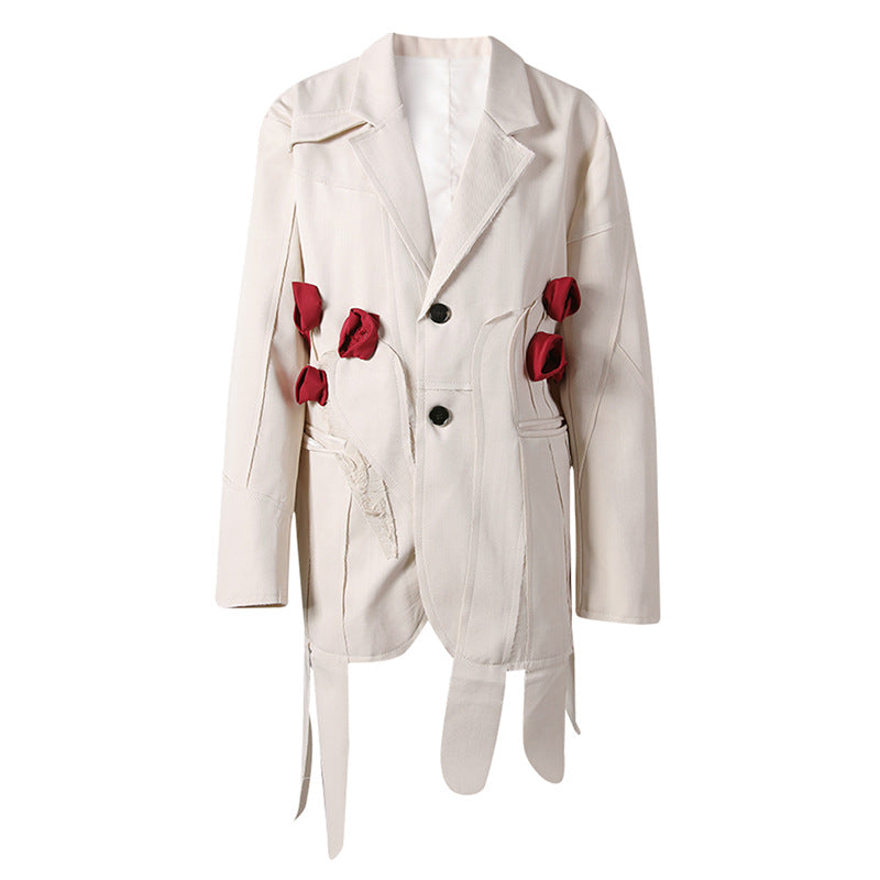 White snow rose three-dimensional flower decoration slim fit two button suit jacket